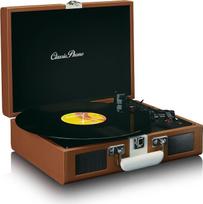 „Lenco Classic Phono“ patefonas „Lenco TT-120“ – patefonas su korpusu ir integruotu akumuliatoriumi – „Bluetooth“ – 33, 45, 78 apsisukimų per minutę – diržinė pavara – 2 garsiakalbiai – „AUX-IN“, „RCA-Out“, 3,5 mm – rudos ir baltos spalvos