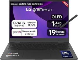„LG gram 16T90TP-K.AD88B“ 16 colių transformuojamas nešiojamasis kompiuteris, „Intel Core Ultra7 255H“, 32GB RAM, 1 TB SSD, „Multi-Touch“ OLED ekranas, WQXGA+, 1399 g, 19 valandų, „Windows 11 Home“, QWERTY klaviatūra
