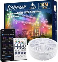 „Lichaser“ 10 m lauko RGB+IC LED juosta, atspari vandeniui, IP67, „pasidaryk pats“ tipo, segmentuojama LED juosta su „Bluetooth“ programėle ir 2,4 GHz radijo bangų nuotolinio valdymo pultu, skirta naudoti lauke