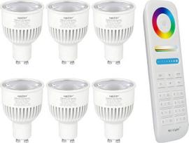 „lighteu“, 6 vnt. po 6 W, GU10 RGB + CCT LED prožektoriai, keičiantys spalvą ir reguliuojantys CCT (šiltą baltą ir šaltą baltą) spalvų temperatūrą, originalūs „Mi-Light“, lemputės su 8 zonų nuotolinio valdymo pultu (6 vnt. FUT106 + FUT089)