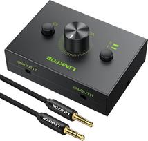 „LiNKFOR“ 3,5 mm stereo garso perjungiklis-selektorius-skirstytuvas-konverteris, garso jungiklis su 2 įėjimais ir 1 išėjimu / 1 išėjimu ir 2 įėjimais (2 x 1 / 1 x 2), su garsumo išjungimo mygtuku + 3,5 mm garso kabelis ausinėms