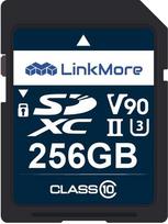 „LinkMore“ SDXC atminties kortelė, 256GB – UHS-II – V90, U3 – 250/220MB/s – skirta profesionaliems 8K darbo procesams ir serijiniam fotografavimui – atspari smūgiams ir patikima
