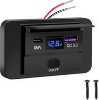„Linkstyle“ automobilinis įkrovimo skydelis su automatiniu galios reguliavimu, 65 W PD 3.0 USB-C ir 18 W QC USB-A, automobilinis įkroviklis su LED voltmetru ir jungikliu, skirtas 12 V/24 V kemperiams, laivams ir sunkvežimiams