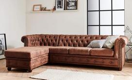 „Lisa Design Winston“ kampinė „Chesterfield“ sofa, 4 sėdimosios vietos, pramoninis stilius, kairioji pusė, ruda