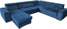 „Living Landscape Fondi IX“, mėlyna medžiaga „Kronos 05“ + „Poso 05“, sofa, kampinė sofa su miego funkcija, XXL, U formos, didelė sofa, moderni, lovos dėžė, sofa-lova su pufu, sulankstoma sofa, baldinė sofa, šoninė