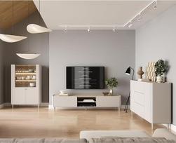 „Lomadox“ 3 dalių svetainės komplektas „Kashmir Beige“ su ąžuolo elementais: 220 cm žema spintelė, komoda ir vitrina su apšvietimu