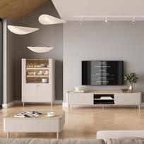 „Lomadox“ 3 dalių svetainės komplektas „Kashmir Beige“ su ąžuolo elementais: kavos staliukas, 220 cm pločio žemas spintelė, vitrina su apšvietimu