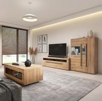 „Lomadox“ ąžuolinė sieninė spintų sistema su kavos staliuku ir LED apšvietimu, 3 dalių – priedinė siena, televizoriaus siena, televizoriaus staliukas, televizoriaus spintelė, vitrina, vitrininė spintelė, aukšta spintelė