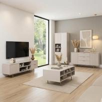 „Lomadox“ baldų komplektas „Kashmir“ – 4 dalių modernus komplektas: 1 vitrina, 1 bufetas, 1 žemas spintelė, 1 kavos staliukas