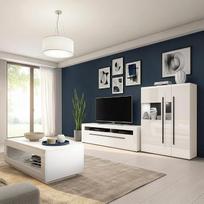 „Lomadox“ baltos spalvos blizgios apdailos sieninių spintų komplektas su kavos staliuku ir LED apšvietimu, 3 dalių – priedinė siena, televizoriaus siena, vitrina, vitrininė spinta, televizoriaus spinta, televizoriaus staliukas