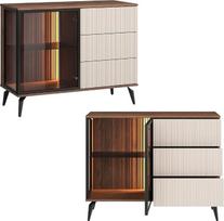 „Lomadox“ svetainės komplektas su komoda, aukšta vitrina iš ąžuolo su „Kashmir Beige“ spalvos grioveliais, įskaitant LED apšvietimą, metalinės kojelės