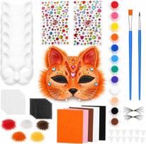 „Lonimia“ „DIY Therian“ kaukių rinkinys (6 vnt.), katės kaukė dažymui su 12 spalvų dažais, 2 teptukais, lipdukais su kristalais, dirbtiniu kailiu, veltiniu, akių tinkleliu, ūsais ir dantimis – kaukių kūrimo rinkinys Helovinui ir cosplay’ui