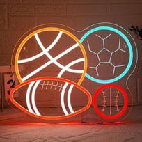 „Looklight“ neono iškaba, LED iškaba su futbolo, krepšinio, beisbolo kamuoliais, 4 kamuoliai, neono iškaba sienų dekoravimui, šviečianti iškaba vaikų kambariui, miegamajam, dovana kamuolinių sporto mėgėjams, 37 x