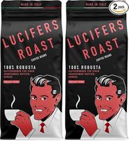 „LUCIFERS ROAST“ 1 kg kavos pupelių iš Italijos – labai stiprus „espresso“ tamsaus skrudinimo kavos mišinys – mažai rūgštus – skirtas visiškai automatiniams kavos aparatams arba „portafilter“ – 100 % „Robusta“ (nesusmulkintos pupelės, 1 kg) (2 vnt. pakuot