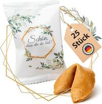 „Lucky Treats“ laimės sausainiai – 25 vnt. – „Smagu, kad esi čia“ – vestuvių svečių dovanėlės ir dekoracijos – užrašai vokiečių ir anglų kalbomis – pagaminti regione