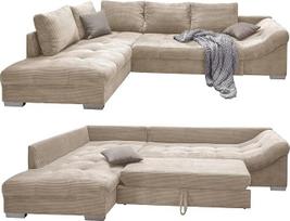 „luma-Home 17204“ kampinė sofa su miego funkcija, pufas kairėje, smėlio spalvos | Pl 298/G 202/A 84 cm, banguota atrama, ilgasis krėslas su 2 dekoratyvinėmis pagalvėlėmis pilkos spalvos, velveto apmušalas