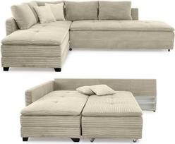 „luma-Home 15161“ kampinė sofa-dvivietė lova su velveto apmušalu, smėlio-pilkos spalvos | Pl 306/G 223/A 95 cm, 7 zonų kišeninių spyruoklių pagrindas su spyruokliniu pagrindu, antklodė, lovos dėžė, naktinis staliukas, galima montuoti šonu