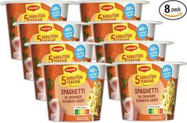 „MAGGI“ 5 minučių terina – spagečiai su kreminiu kumpio padažu, skanus paruoštas patiekalas su greitai paruošiamais makaronais, makaronų užkandis su kumpiu ir rūkytu kiaulienos šonine, 8 vnt. pakuotė (8 x 64 g)