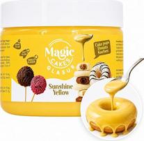 „Magic Cakes“ – „Magic Glaze“ glazūra tortų popams ir tortų aptepimui, saulės geltonumo spalvos, 250 g – 9 spalvos mirkymui, aptepimui ir glazūravimui – skirta tortų popams, spurgoms, tortams, keksams – šokolado ir vanilės skonio