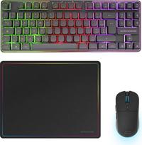 „Mars Gaming“ MCPWTKL, prancūziškas, belaidis žaidimų rinkinys, „DualPro Link 2.4GPRO“ technologija, „TKL FRGB Rainbow“ klaviatūra + RGB 3200 DPI pelė su „HUANO“ jungikliais + neslystantis 360 x 260 mm pelės kilimėlis, juodos spalvos