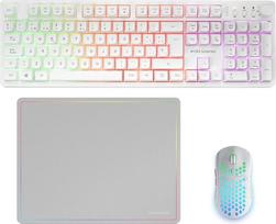 „Mars Gaming“ MCPWX, itališkas, belaidis žaidimų rinkinys, „DualPro Link 2.4GPRO“ technologija, pilno ekrano FRGB klaviatūra su multimedijos valdymu + RGB 3200 DPI pelė + neslystantis 360 x 260 mm pelės kilimėlis, baltas
