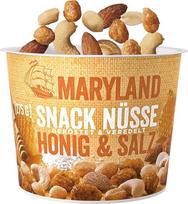 „Maryland Snack Nuts“ medaus ir druskos riešutų mišinys, 275 g indelis – žemės riešutai, anakardžiai ir migdolai – saldžiai-druskos skonio – uždaromas indelis