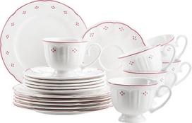 „Mäser Lova“ serijos 18 dalių porcelianinis kavos servizas – 6 desertiniai lėkštelės (19,5 cm), 6 puodeliai (19 cl) ir 6 lėkštelės (15,5 cm), raudonos spalvos