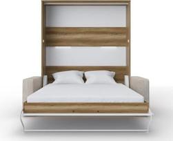 „MAXIMAHOUSE“ „Invento“ vertikalioji spinta-lova su LED apšvietimu, 160 V (160 x 200), su „Milo“ sofa (ąžuolo „Country“ / matinė balta + smėlio spalvos sofa)