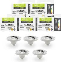 „Maxled“ – šviesa yra LED! 5 LED lemputės AR111 GU10, 12 W, pakeičiančios 75 W halogeninę lempą, šiltos baltos spalvos (3000 K), 45 laipsnių spinduliavimo kampas, LED prožektorius, 900 liumenų, 230 V, su reguliuojamu šviesos stiprumu