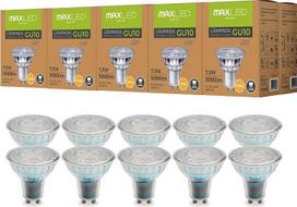 „Maxled“ – šviesa yra LED! GU10 LED šiltos baltos spalvos lemputė, 2700 K, 7,3 W, pakeičia 55 W halogenines lemputes, 30°, nedimituojamos, prožektoriaus tipo LED lemputės, 230 V kintamoji srovė, 1090 lm, 10 vnt. pakuotė