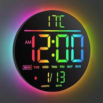 „Maxstar“ didelis skaitmeninis sieninis laikrodis su nuotolinio valdymo pultu, 10 colių skersmens apvalus laikrodis, 8 RGB spalvos, modernus LED ekranas, automatinis ryškumo reguliavimas, vasaros laikas, temperatūros rodymas, žadintuvas, skirtas svetainės