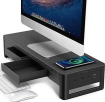 „meatanty“ monitoriaus stovas su stalčiu, USB ir belaidžio įkrovimo funkcija | Metalinis stovas su 4 prievadų USB šakotuvu, skirtas kompiuteriui, nešiojamajam kompiuteriui ar spausdintuvui prijungti, bei patogiai tvarkyti daiktus ant stalo.