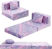 „MeMoreCool“ vaikų sofa-lova, kėdutė mažyliams, grindų čiužinys, tamsoje šviečiantis, sulankstoma modulinė sofa, transformuojamas futonas, sulankstomas čiužinys žaidimų kambariui, su vienaragio raštu