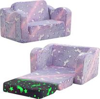 „MeMoreCool“ vaikų sofa, sulankstoma kėdė-lova mažyliams, minkšta pliušinė išskleidžiama vaikų kėdė-sofa, šviečianti tamsoje, patogi kūdikių gultelė mergaitėms ir berniukams, violetinė su vienaragio motyvu