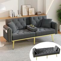 „Merax“ dviejų vietų sofa-lova su miego funkcija, sulankstoma sofa su reguliuojamu atlošu (108°/135°/180°), sofa-lova su gėrimų laikikliu ir pagalvėle, aksominė sofa, daugiafunkcinė sofa, skirta svetainei
