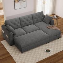 „Merax“ kampinė sofa su lanksčiu pufu ir taburete, modulinė L formos sofa su 2 daiktų dėžėmis, montuojama iš abiejų pusių, sofa-lova su šoninėmis kišenėmis ir sagų apdaila, 3-vietė sofa, 219 cm, pilka
