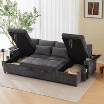 „Merax“ kampinė sofa su miego funkcija, išskleidžiama U formos sofa-lova su daiktų dėže, dvivietė šezlongo tipo sofa su paslėpta daiktų laikymo erdve, praktiška sofa-lova su gėrimų laikikliu, daiktų dėžute porankyje, didelė sofa