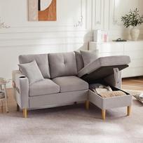 „Merax“ kampinė 3-vietė sofa su šezlongu, paslėpta daiktų laikymo vieta ir gėrimų laikikliu, L formos kampinė sofa iš medvilnės ir lino, su natūralaus medžio korpusu, skirta svetainei ar butui – pilkos spalvos, 175 x 129 x 90 cm