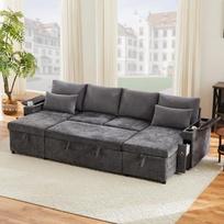 „Merax“ keturvietė U formos sofa-lova su miego funkcija, daiktų laikymo vieta, puodelių laikikliais ir pagalvėmis – daugiafunkcinė sofa, skirta svetainei ir butui, pilkos spalvos