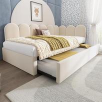 „Merax“ minkšta sofa-lova 90 x 200 cm, dienos lova su išstumiamąja lova 90 x 190 cm, vaikų lova su groteliniu dizainu, viengulė lova su metaliniu grotelių rėmu, svečių lova, paauglių lova, aksominis audinys, be čiužinio, smėlio spalvos