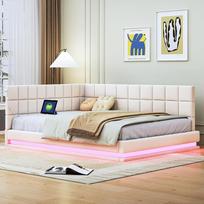 „Merax“ sofos-lova 140 x 200 cm, sofos-lova su miego funkcija, LED apšvietimo juosta, USB lizdas, dvivietė minkšta lova su groteliniu rėmu, aksominis audinys, smėlio spalvos (čiužinys neįskaičiuotas)