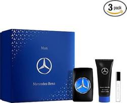 „Mercedes-Benz“ dovanų rinkinys, sudarytas iš 3 vyrų tualetinio vandens buteliukų, dušo gelio ir kvepalų vyrams su kriaušių ir kedro medžio aromatu