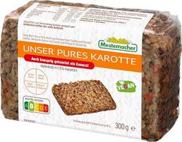 „Mestemacher“ „Our Pure“ avižiniai dribsniai su morkomis, be miltų ir mielių, veganiški, „Nutri Score“ reitingas A, su omega-3, su saulėgrąžų sėklomis, moliūgų sėklomis ir psiliumo luobelėmis, tinka diabetikams, 5 riekelės, 300 g