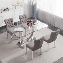 „Mid Century Modern“ stiklinis valgomojo komplektas 4 asmenims, 160 cm pločio, didelis, prabangus, skaidrus, stačiakampio formos stiklinio stalviršio valgomojo komplektas, 5 dalių, retro stiliaus baldai, virtuvės stalo komplektas, pilkos spalvos, aukštos