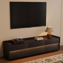 „Mid-Century“ TV spintelė-komoda, 180 cm, su LED apšvietimu, juoda – surinkta | TV spintelė su reguliuojamu LED apšvietimu, modernus pramogų centras, skirta 65 colių ekranui, fanera, maks. 90 kg