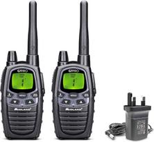 „Midland G7 Pro“, dvipusis radijo ryšio racija, dviejų dažnių, 16 PMR446 kanalų ir 69 LPD (be licencijos), 2 baterijos, stalinis įkroviklis, diržo spaustukas, UKCA sertifikuota, Jungtinės Karalystės kištukas, 2 racijos, juodos spalvos