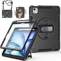 „Miesherk“ dėklas „iPad Air“ 11 colių M4/M3/M2 2026/2025/2024: 3 sluoksnių tvirtas, atsparus smūgiams dėklas „iPad Air 5/4“ 2022/2020 m. Ekrano apsauginė plėvelė, rašiklio laikiklis, pasukamas stovas, riešo dirželis, peties dirželis, juodos spalvos