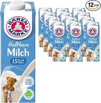 „Milk Bear“ prekės ženklo neriebus H-pienas (1,5 % riebalų), ilgai laikomas pienas, po 1 litrą, 12 vnt. su „Pufai Grocery“