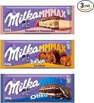 „Milka MMMAX“ šokolado rinkinys, 3 rūšys – „Oreo“ 300 g, „Strawberry Cheesecake“ 300 g, „Luflée Caramel“ 250 g – didmeninė pakuotė 850 g – šokoladinių plytelių rinkinys