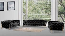 „Milton“ 3-vietė sofa ir 2-vietis fotelis, 3 vnt. komplektas, metalinės kojos, auksinės spalvos, elegantiškas dygsniuotas apmušalas, laisvai stovinti „Milton“ juodos spalvos